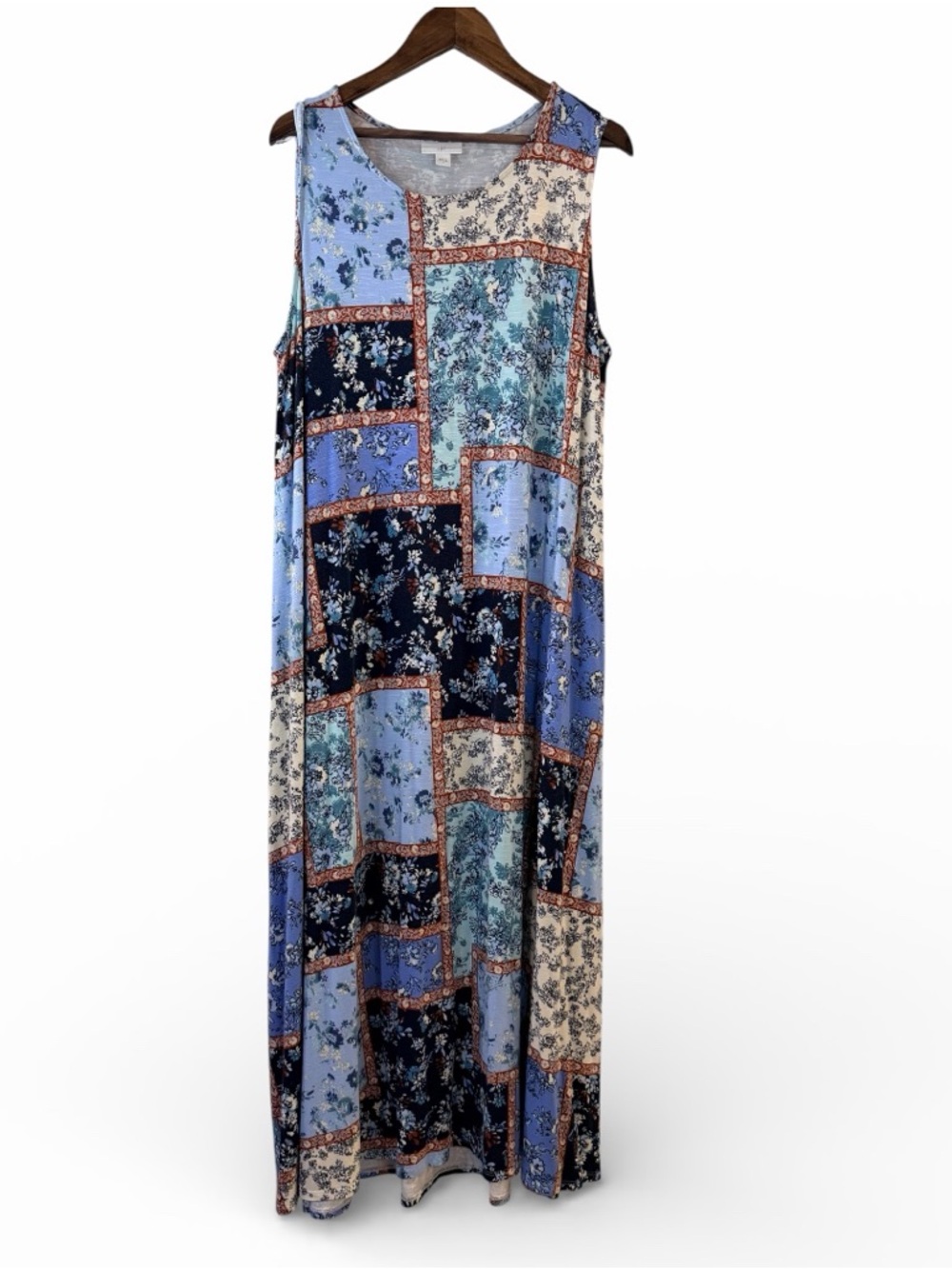 Floral Patchwork Print Maxi Dress Sleeveless Boho Blue Navy Rayon L - Picture 2 of 6